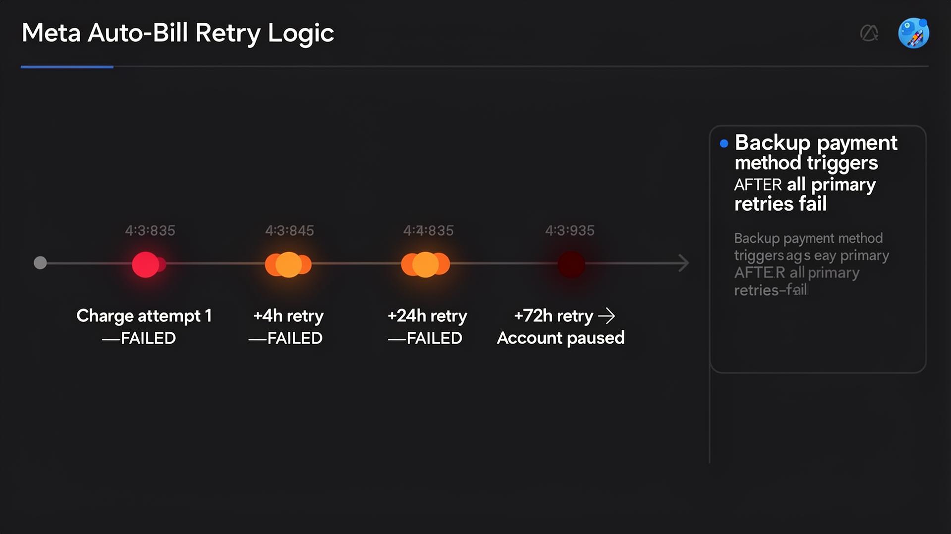 Timeline visualization of Meta auto-bill retry logic: initial charge fail, +4h retry fail, +24h retry fail, +72h retry then account paused