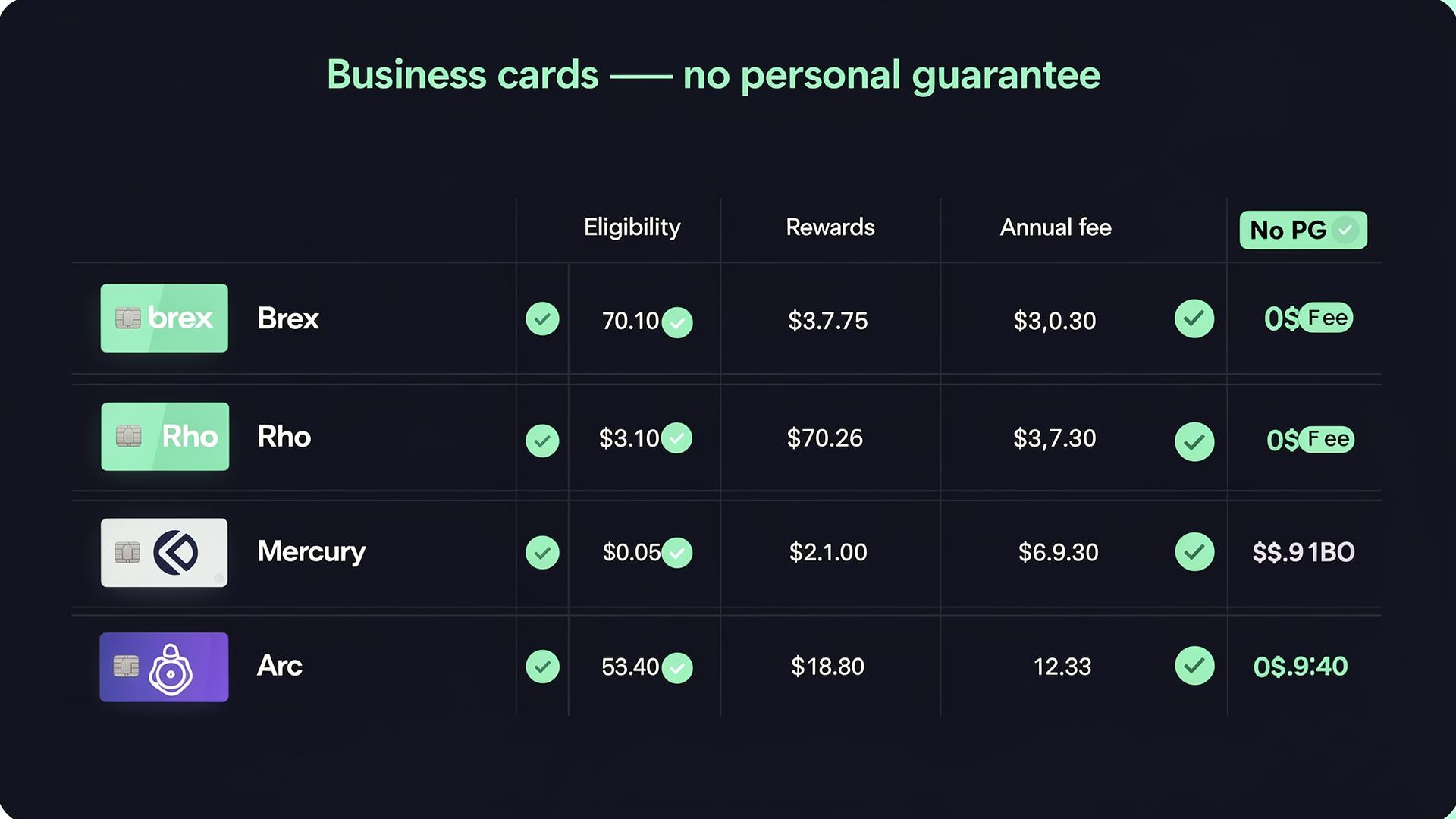 Comparison dashboard of the six business credit cards with no personal guarantee in 2026: Brex, Ramp, Rho, Mercury, Stripe, Arc